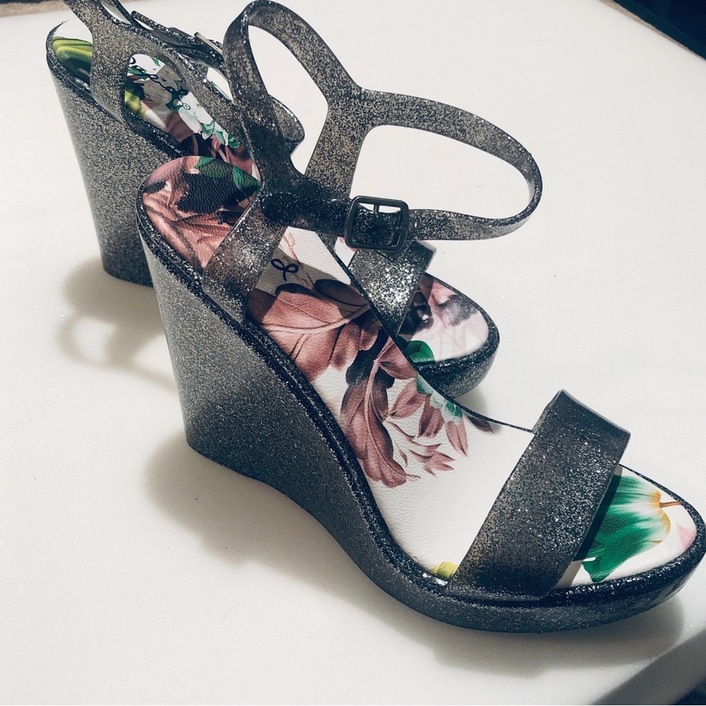 Qupid Silver Glitter Jelly Wedge Heels 8